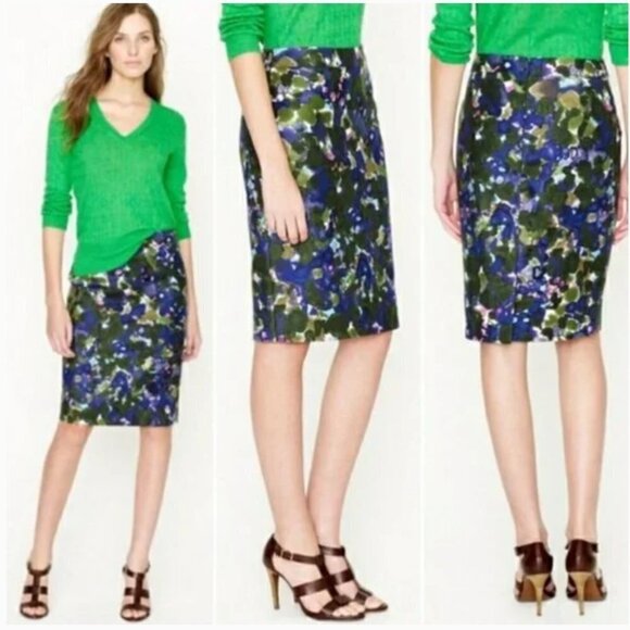 J. Crew Green, Blue & Pink Watercolor Print Pencil Skirt Size 2 - Picture 8 of 9